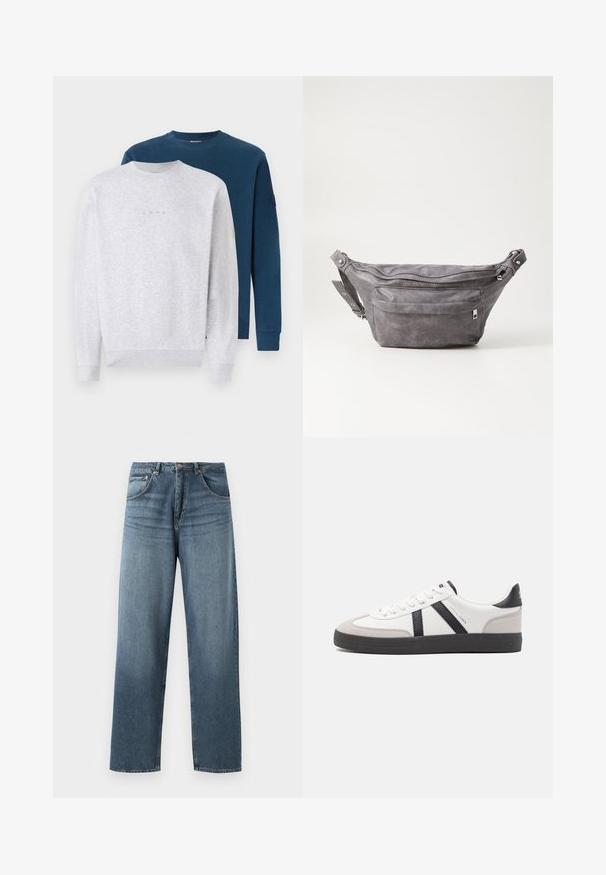Two sweatshirts stacked: one in light gray with a subtle logo, the other in dark blue. Both feature crew necks and ribbed cuffs.; Straight-leg blue denim jeans with a faded wash, featuring five-pocket design, metal button, and belt loops. Structured, medium-weight fabric.; White sneaker with black and gray accents, featuring a textured gray toe cap, black rubber sole, and flat white laces. Clean design, minimalist style.; Gray suede fanny pack with a rounded shape, two zippered compartments, and adjustable strap. Features metal hardware accents.