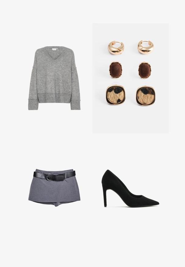 Szary sweter dzianinowy z dekoltem w kształcie litery V, w luźnym kroju, z szerokimi rękawami i ściągaczami na mankietach. Miękka tekstura; bezszwowy design bez wzorów czy ozdób.; Szare szorty z materiału z dopasowanym stanem, wyposażone w czarny skórzany pasek z klamrą. Gładka struktura, dopasowany krój i prosty fason.; Czarne zamszowe szpilki o spiczastym nosku, gładkiej fakturze i eleganckiej sylwetce; posiadają obcas w typie stiletto oraz minimalistyczny design.; Zestaw kolczyków w odcieniu złota składa się z dwóch stylów obręczy i dwóch wzorów kolczyków na sztyft. Jeden z kolczyków na sztyft ma brązowy akcent z tkaniny; drugi ma wzór w panterkę.