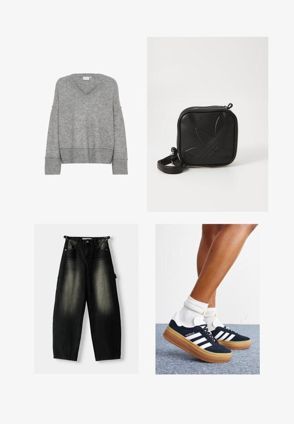 Sivi pleteni pulover s V-izrezom, u oversized kroju, širokim rukavima i rebrastim manžetama. Mekana tekstura; bešavni dizajn bez uzoraka ili ukrasa.; Nabrijani crni traperice s izbleđenom teksturom, pet džepova i petljom na struku. Dizajn se ističe ležernim krojem i ravnim nogavicama.; Crne tenisice od brušene kože s bijelim prugama i detaljima, okruglim vrhom, gumeni potplat boje gume, uparene s bijelim rebrastim čarapama.; Crna kvadratna torbica preko tijela napravljena od teksturiranog sintetičkog materijala. Ima urezani dizajn logotipa i podesivu traku. Zatvaranje na patentni zatvarač.