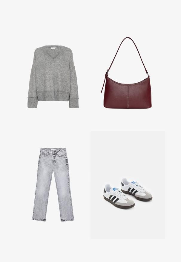 Grau gestrickter Pullover mit V-Ausschnitt, übergroßer Passform, breiten Ärmeln und gerippten Abschlüssen. Weiche Textur; nahtloses Design ohne Muster oder Verzierungen.; Graue Jeans aus Denim mit geradem Bein, mit Used-Effekten, fünf Taschen und kupferfarbenen Nieten. Der Bund verfügt über ein Logoshirt.; Sportschuhe mit einem Obermaterial aus weißem Leder, grauer Wildleder-Zehenkappe und drei schwarzen Streifen. Sie verfügen über ein blaues Logo auf der Zunge und eine strukturierte Gummisohle.; Bordeauxfarbene Ledertasche mit geschwungener Form, einem einzigen Schulterriemen und gesteppten Details in der Mitte. Glatte Textur, minimales Zubehör.