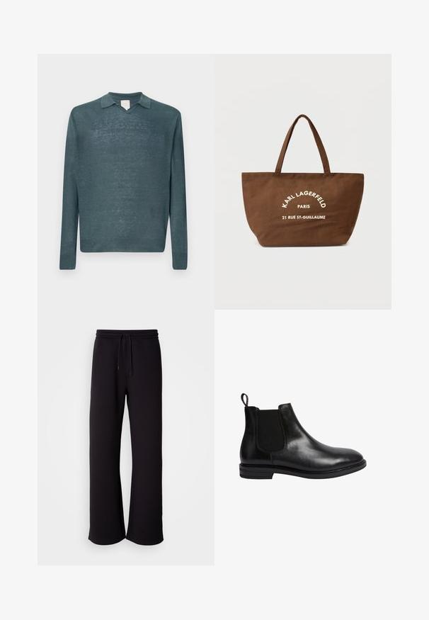 Mörk teal långärmad tröja med krage och V-hals, med lätt, strukturerad stickning och ribbade ärmslut och nederkant.; Vit kortärmad t-shirt med rund halsringning, tillverkad av bomull. Enkel design, utan mönster eller detaljer, sedd bakifrån.; Svarta joggingsbyxor i mjukt material, med dragsko i midjan, löst snitt och raka ben. Minimalistisk stil utan mönster.; Svart läder Chelsea-boots med elastisk sidopanel, rund tå, dragflik bak, och en låg staplad klack. Slät, polerad yta.; Brun canvas-ryggsäck med två handtag, med vit tryckt text "KARL LAGERFELD PARIS 21 RUE ST-GUILLAUME." Enkel design och rymlig form.