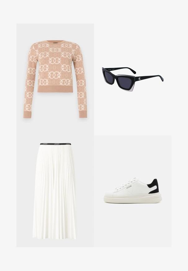 Kootud sviiter heledast beežist värvist, millel on korduv ja peen mustriga põimunud kujundid. Omab pikki varrukaid ja soonikkoes ääred.; Kurtitudega valge seelik musta elastse vööga, millel on "LACOSTE" logo. Keskmise pikkusega disain pehme tekstuuriga.; Valged nahast tennisetossud paksu valge tallaga, musta sametist kontsakeeuga ja külje peal riigilogo reljeefne kujundus. Lukkeskeem kuue silmaauguga.; Mustad suured mustad prillid geomeetrilise kujuga, tumedate läätsedega ja kontrastse halli detailiga raamidel. Logo käe peal.