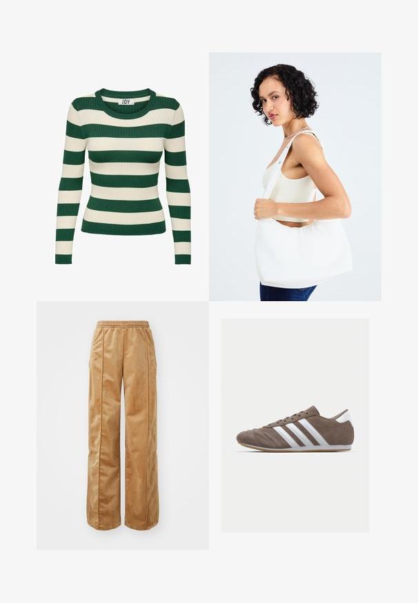 Sweater de manga longa riscado em verde e creme, com decote redondo e forma ajustada, apresentando uma textura de malha contrastante.; Calças largas em tom bege feitas de um material suave e aveludado. Apresentam uma cintura elástica e costuras verticais na frente para um detalhe adicional.; Sapatilha de desporto de camurça castanha com riscas brancas, biqueira redonda, design de atacadores e sola de borracha de goma. Parte superior texturizada com detalhes em costura.; Bolsa de ombro branca feita de material liso, apresentando um recorte oval e um design de alça larga. Simples e moderna, sem hardware visível.