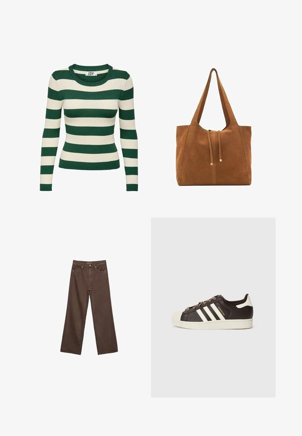 Zielony i kremowy, w paski, dzianinowy sweter z długim rękawem, okrągłym dekoltem i dopasowanym krojem, o kontrastowej fakturze dzianiny.; Szerokie brązowe dżinsy wykonane z denimu, z wysokim stanem, przednimi kieszeniami i klasycznym zapięciem na guzik. Gładka faktura z subtelnym przeszyciem.; Niskie trampki Adidas Superstar z ciemnobrązowej skóry z kremowym noskiem w kształcie skorupy, białymi paskami i napisem „Superstar” po boku.; Brązowa torba tote z zamszu z dwoma długimi paskami, zamknięciem na sznurek i minimalistycznym wzornictwem. Gładka tekstura i brak widocznych akcentów metalowych.