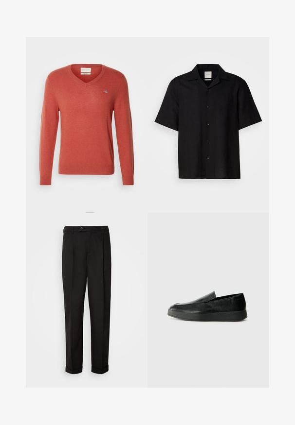 V-puuvillane kampsun korallivärvi, valmistatud pehmest kudumiskangast. Omab pikki varrukaid, soonikjäsemeid ja väikest logot rinna peal.; Mustalla lyhyellä hihalla oleva paita, joka on valmistettu pellavakankaasta. Paidassa on nappi-halkio etupäässä, terävä kaulus ja sileä pinta. Ei näkyviä kuvioita tai yksityiskohtia.; Mustat housut, joissa on sileä pinta, suora leikkaus, kaksi etutaskua ja yksittäinen nappikiinnitys vyötäröllä.; Calvin Klein HYBRID CUP - Loaferit/pistokkaat - triple black
