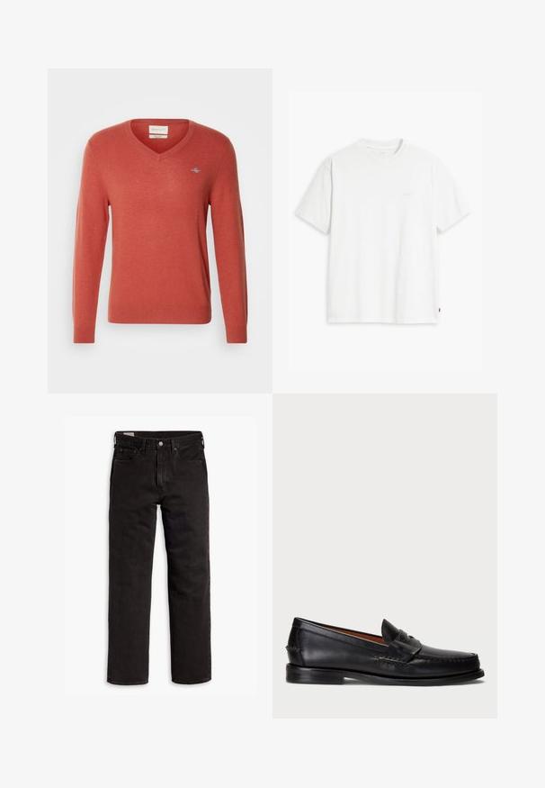 V-Ausschnitt Pullover in Koralle, aus weichem Strickstoff gefertigt. Mit langen Ärmeln, gerippten Bündchen und einem kleinen Logo auf der Brust.; Weißes Baumwoll-T-Shirt mit kurzen Ärmeln, Rundhalsausschnitt und dezentem Levi's-Logo in der Mitte. Weicher Stoff und normale Passform.; Schwarze gerade Jeans aus Denim mit fünf Taschen, Knopfverschluss und Gürtelschlaufen, flach auf einem weißen Hintergrund ausgelegt.; Schwarze Lederloafer mit abgerundetem Zeh, gesteppten Details und einem dekorativen Riemen an der Vorderseite. Flache Sohle mit minimalem Profil.