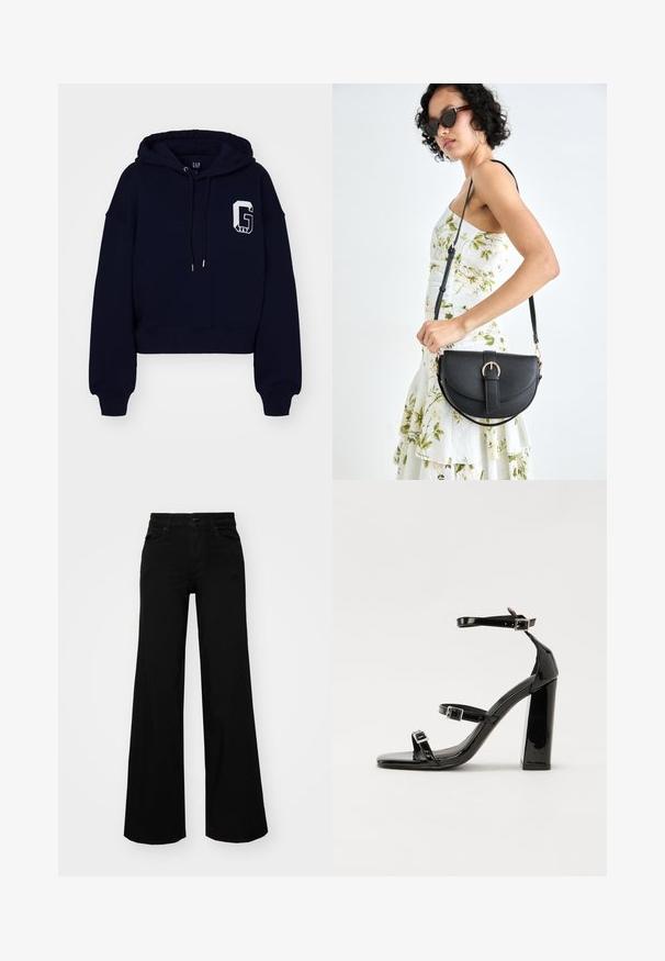 GAP ABBREV HOOD - Sweatshirt - navy; Svarta vida byxor i denim, med en strukturerad midja, bältesöglor och framfickor. Slät textur med en klassisk design.; Svarta lackerade klacksandaler med fyrkantig tå, ankelremmar och silverfärgade spännen. Har en kraftig blockklack för stabilitet.; Svart läderhandväska med en böjd form, avtagbar rem och guldiga detaljer. Väskan har ett lock med en spänndetalj.