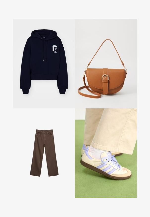 GAP ABBREV HOOD - Sweatshirt - navy; Weite braune Jeans aus Denim, mit hoher Taille, Fronttaschen und klassischem Knopfverschluss. Glatte Textur mit feinen Nähten.; Cremefarbene und lavendelfarbene Sneakers mit drei Streifen und einer strukturierten braunen Sohle, ausgestattet mit Schnürsenkeln und einer gepolsterten Ferse. Obermaterial aus weichem Stoff.; Braune Leder-Crossbody-Tasche mit geschwungener Form, goldfarbenen Beschlägen und einer Schnallenakzentuierung. Verfügt über einen abnehmbaren Schultergurt.