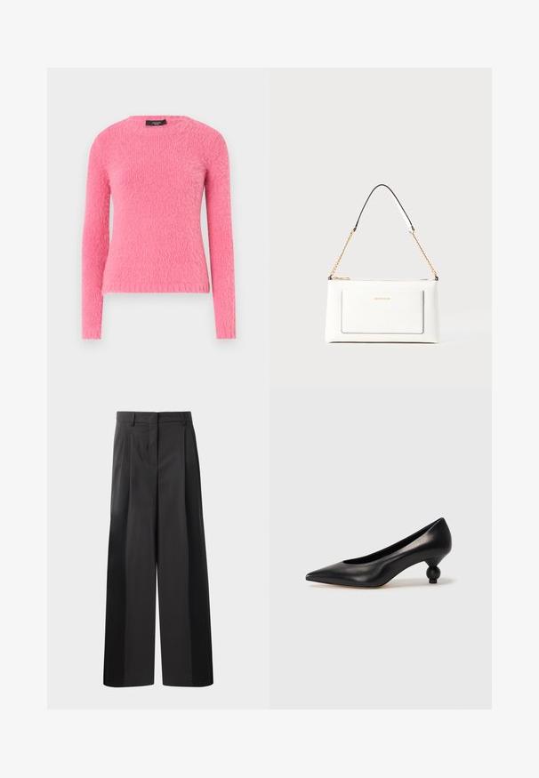 Pull-over rose à manches longues en texture pelucheuse avec un col rond et une coupe slim, présentant une couleur unie sans motifs.; Pantalon large noir avec une taille haute, doté de plis avant, d'une texture lisse et d'une finition ajustée. Conçu pour un ajustement décontracté.; Chaussure à talon haut en cuir noir avec un bout pointu et un talon arrondi. Texture lisse avec un design épuré et minimal.; Sac à main en cuir blanc avec un fini texturé, doté d'une bandoulière en chaîne dorée et d'accents noirs. Comprend une poche avant et une fermeture éclair.