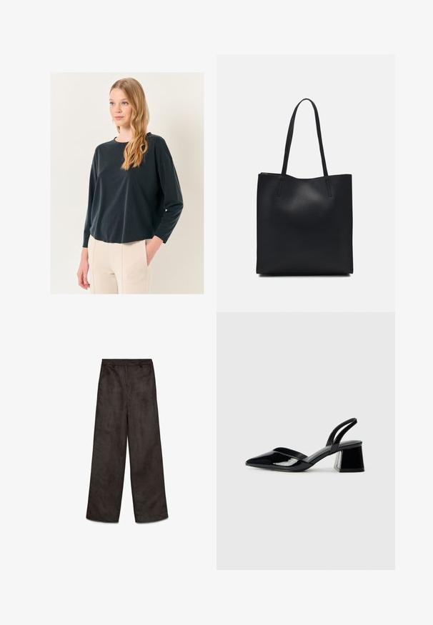 Maglietta nera a maniche lunghe con scollatura rotonda realizzata in materiale morbido; design leggermente cropped con vestibilità rilassata, abbinata a pantaloni di colore chiaro.; Pantaloni neri a gamba larga in tessuto morbido e liscio. Presentano tasche frontali e chiusura con zip. Design pulito senza motivi visibili.; Décolleté in vernice nera con punta affusolata e tacco in geometria cubica. Presentano un design elegante e minimalista, con una texture liscia.; Borsa tote in pelle nera con texture liscia, forma rettangolare e due manici lunghi. Nessun hardware o decorazione visibile.