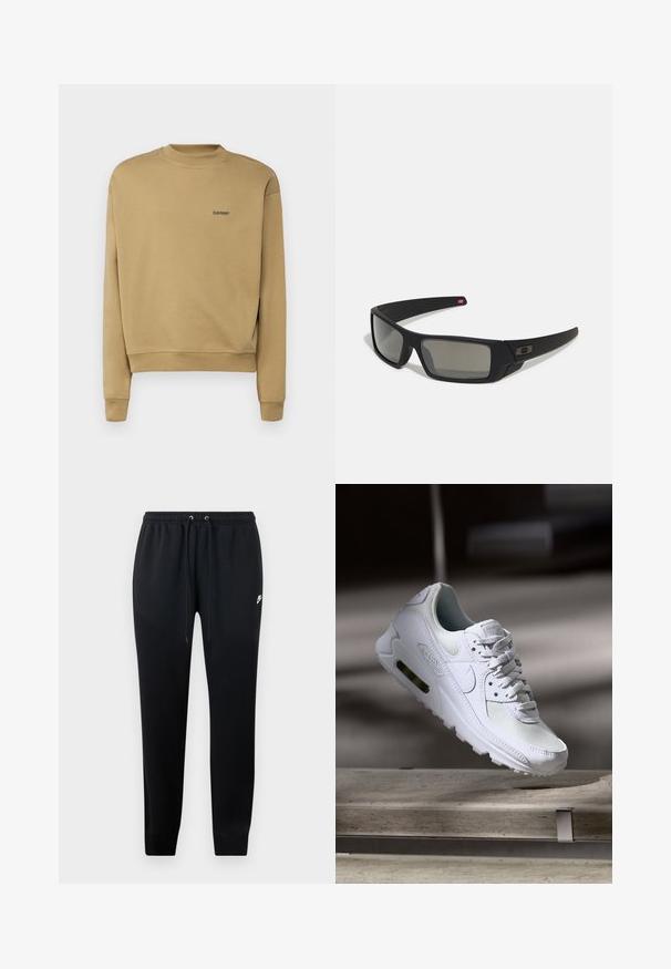Bareen BRAX OVERSIZE CREW NECK - Sportinis megztinis - antique bronze; Juodos sportinės kelnės, pagamintos iš minkštos medžiagos, su elastingu juosmeniu ir raišteliais, aptemptomis kulkšnėmis ir nedideliu logotipo akcentu šone.; Baltos Nike Air Max 90 sportbačiai su.comi ir odos viršumi, perforuota pirštų dėžute ir matomu oro pagalvėle kulne.; Juodi akiniai saulės su matinio paviršiaus užbaigimu, stačiakampiai lęšiai, švelnus lenkimas ant šventyklų, subtilus logotipo detalizavimas ir dūminiai lęšiai.