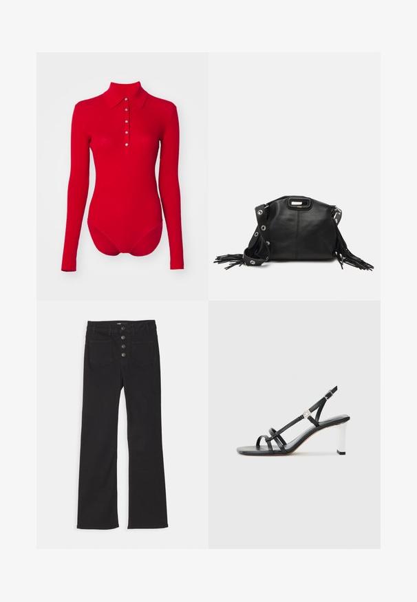 Röd ribbad långärmad bodysuit med krage och fem framåtriktade silverknappar, visad på en vit bakgrund.; Svarta denimjeans med utsvängd byxben, hög midja, femfickorsdesign och knappstängning framtill med fyra metalldon.; Svarta klacksandaler med flera smala remmar, slingbackdesign och en silveraccent på klacken. Slät ovandel av material och fyrkantig klack.; Maje MISS MINI - Axelremsväska - noir; Guldtonade örhängen med flera fallande kedjor, prydda med klara ovala rhinestone-accenter och dekorativa stuvar.