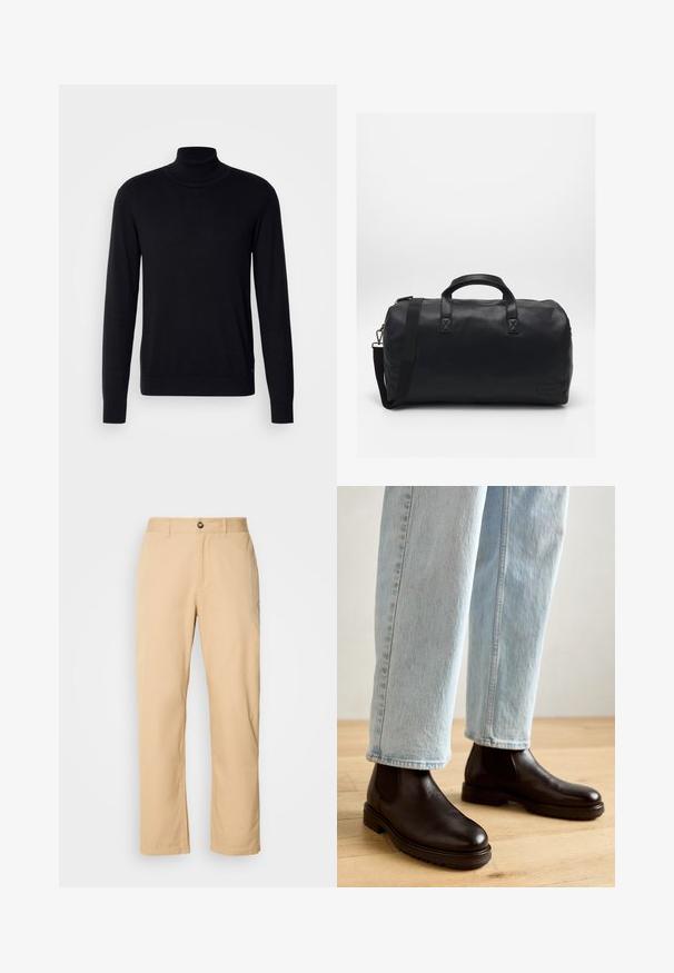 Black turtleneck sweater made of soft fabric. Features long sleeves, ribbed collar and cuffs, with a smooth texture and no patterns.; Khaki cotton trousers with a straight-leg design, featuring a front button closure and belt loops. Smooth texture and plain surface.; Brown leather chelsea boots with a smooth texture and thick rubber sole, paired with light blue straight-leg jeans.; Black duffel bag made of textured synthetic material. Features two handles and an adjustable shoulder strap. Simple design with no visible patterns.