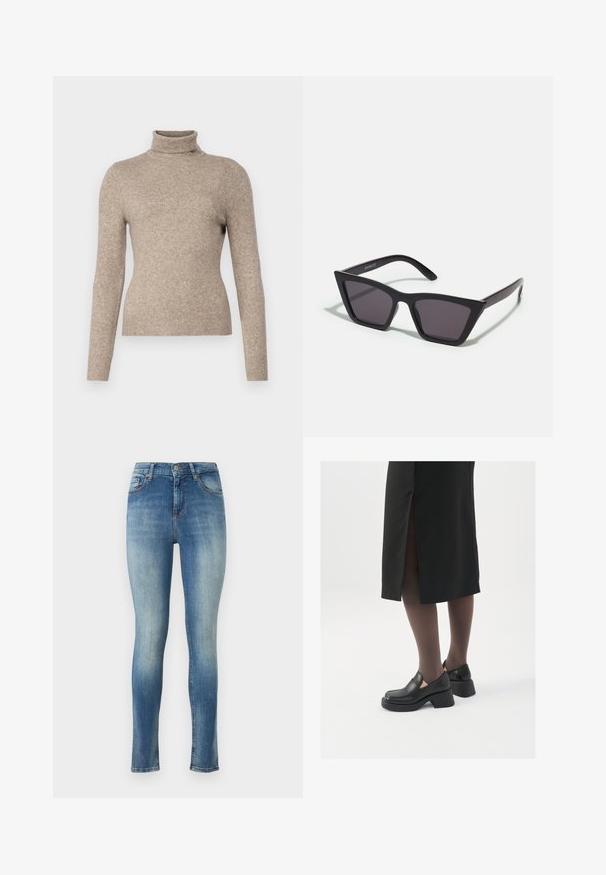 Abercrombie & Fitch SLIM CURLY TURTLE NECK - Džemperis - brown; Šviesiai mėlyni liesi džinsai. Yra vidutinio aukščio juosmens, penki kišenės ir šiek tiek nusidėvėjimo efektas priekyje ir gale, sukuriantis dėvėtą išvaizdą.; Juodos odinės bateliai su apvaliu nosiu, stora blokine pakulne ir elastingais šonais, derinami su tamsiomis pėdkelnėmis ir juoda sijonu su plyšiu.; Juodos, kampuotos saulės akinios su pilkais stiklais; pagaminti iš plastiko, su storomis šakėmis, turinčiomis lygų paviršių ir be matomų detalių.; Sidabrinės pusmėnulio auskarai minimalistiniu dizainu. Apskritimo forma, lygus paviršius ir plonas profilis. Lengvi su poliruotu apdailu.