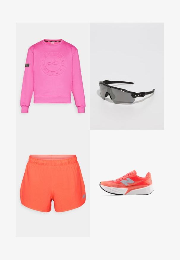 Endless SUDADERA SWELL - Melegítőfelső - deep fucsia; Rózsaszín sportos tank top, mély dekoltárral, versenyhát kialakítással és szellőző lyukakkal. Elöl egy kis fényvisszaverő logó található.; Férfi futóshort világos korall színben, légáteresztő anyagból, perforált textúrával. Rugalmas derékrésszel és kék logós díszítéssel rendelkezik.; Könnyű futócipő élénk korall színben, hálós felsőrésszel és ezüst logóval. Jellegzetes, textúrált fehér középtalppal és fekete gumitalppal.; Fekete sport napszemüveg, letisztult dizájnnal, körbeölelő lencsével, szürke árnyalatú lencsékkel és texturált fekete szárakkal. Nincsenek látható logók.