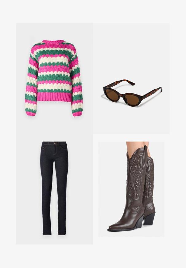 YAS YASBUBBA różowy; Granatowe dżinsy o slim fit, z wysokim stanem, pięcioma kieszeniami i pomarańczowymi przeszyciami wzdłuż szwów.; Brązowe skórzane kowbojki z noskiem w kształcie migdała i blokowym obcasem, z detalicznym przeszyciem i podniesionymi akcentami na cholewce.; Brązowe okulary przeciwsłoneczne w stylu tortoishell o klasycznym kształcie kociego oka i brązowych soczewkach. Posiadają zakrzywione ramiona z czerwonymi akcentami.; Złote kolczyki w kształcie kółek o gładkim, błyszczącym wykończeniu. Okrągły design z małym klipsem i przezroczystym zapięciem zapewniającym bezpieczne noszenie.