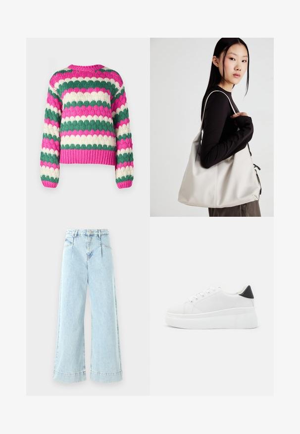 YAS YASBUBBA - Svetr - fuchsia fedora; Světle modré široké džíny vyrobené z denimové látky, s vysokým pasem, předními kapsami a prošívanými detaily na lemu.; Bílé platformové tenisky vyrobené z hladkého syntetického materiálu, s kulatou špičkou, šněrováním a texturovanou gumovou podrážkou. Černý akcent na patě.; Beige kabelka vyrobená z měkkého materiálu, s volným designem, prošívanými detaily a dvěma ramenními popruhy. Vhodná pro každodenní použití.