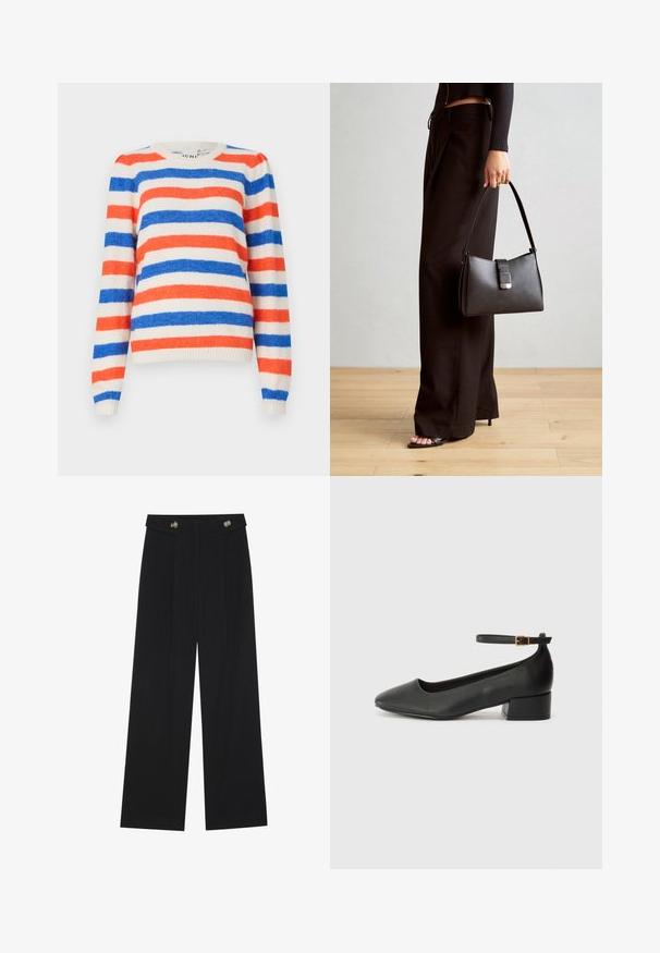 Gestreifter Pullover in rot, blau und creme. Weiche Textur mit Rundhalsausschnitt und langen Ärmeln. Gerippte Bündchen und Saum.; Schwarze weite Hosen mit hoher Taille, Knopfdetails am Bund und vorderen Falten.; Schwarze Lederpumps mit spitzem Zehenbereich und niedrigem Blockabsatz. Mit einem Knöchelriemen und einer goldfarbenen Schnalle. Glatte Textur.; Schwarze Handtasche mit strukturierter Form, glatter Textur und einem metallischen Verschluss. Kombiniert mit weiten schwarzen Hosen und offenen Sandalen auf einem Holzboden.