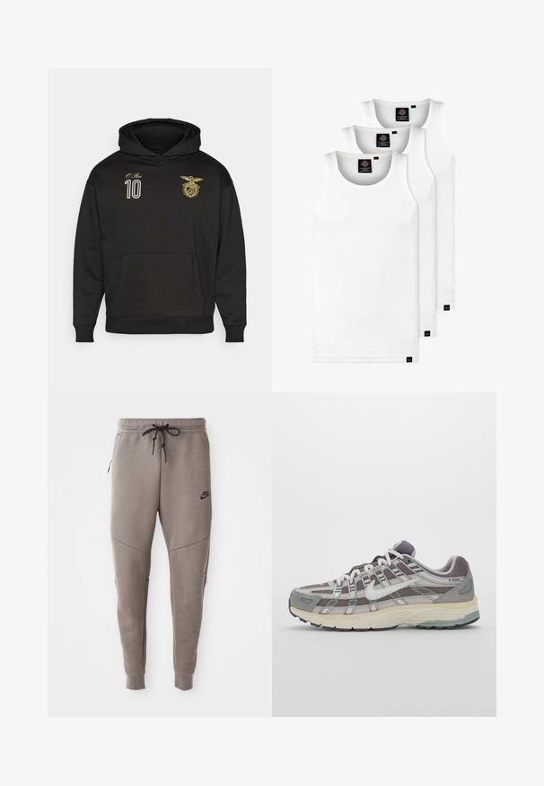 Felpa nera in cotone con tasca frontale, caratterizzata da ricami dorati di un stemma e il numero "10" sul petto.; Tre canotte bianche a coste in cotone. Presentano un colletto rotondo e piccole etichette nere vicino all'orlo. Disponibile in diverse taglie.; Pantaloni sportivi Nike grigi con cintura regolabile, gambe affusolate, tasche laterali e dettagli di cucitura distintivi. Tessuto morbido e texture.; Scarpa sportiva grigia con tomaia in mesh e suede, dettagli bianchi, suola ammortizzata e un design distintivo con elementi riflettenti.