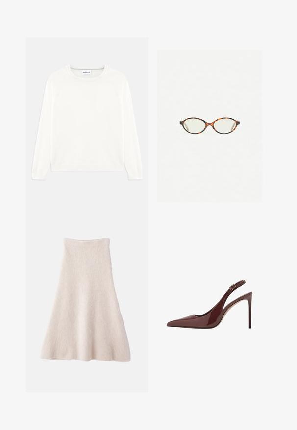 Pulover ușor, de culoare crem, cu guler rotund, mâneci lungi și tiv striat. Fabricat dintr-un material moale, cu o textură netedă.; O fustă A-line de un bej deschis, confecționată dintr-un material moale și Texturat, având o talie netedă și o siluetă fluidă.; Pantofi cu toc înalt slingback din piele laică de culoare marron închis, cu vârf ascuțit, curea reglabilă și toc subțire stiletto.; Ochelari cu ramă din tartan, cu lentile ovale și un finisaj elegant, neted. Prezintă margini subțiri cu o curbură subtilă la tâmple. Lentile clare.
