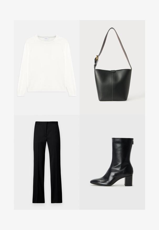 Letvægts, cremefarvet sweater med rund hals, lange ærmer og ribbet kant. Lavet af blødt stof med en glat tekstur.; Sorte lige bukser i glat stof med flad front, bæltestropper og uden synlige lommer eller udsmykninger.; Sorte læder ankelstøvler med spids tå og 4 cm blokhæl. Det slanke design har en sidelukning for nem påtagning. Glat tekstur.; Sort læder skuldertaske med en glat overflade, buet form og en enkelt justerbar rem, der har guldfarvet hardware og et brandet accent.