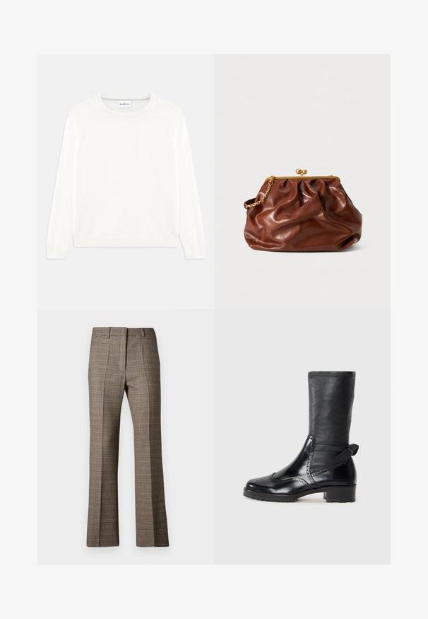 Leichter, cremefarbener Pullover mit Rundhalsausschnitt, langen Ärmeln und geripptem Saum. Hergestellt aus weichem Stoff mit glatter Textur.; Braune karierte Hose mit geradem Bein, die aus einem strukturierten Stoff gefertigt ist und dezente Farbtöne von Beige und dunkleren Brauntönen im Muster aufweist.; Schwarze Knöchelstiefel mit einem Obermaterial aus glattem Leder, Broguemuster, runder Zehenform und einem Blockabsatz mittlerer Höhe. Verfügt über einen weichen, strukturierten Schaft.; Braune Leder-Clutch mit goldener Verschlussrahmen und kurzem goldenen Kettenhenkel, die eine weiche, geraffte Textur auf weißem Hintergrund aufweist.