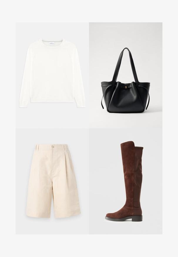 Lengvas, kreminės spalvos megztinis su apvaliu iškirpimu, ilgomis rankovėmis ir raukšlėtu apvadu. Pagamintas iš minkštos medžiagos su lygiu paviršiumi.; Šviesiai rudų lino šortai su laisvu kirpimu, su mygtukų uždarymu, klostuotais raštais ir kelio ilgio kirpimu. Lygus audinys ir paprastas stilius.; Aukšta ruda zomšos ir audinio batai su žemu juodu kulnu ir apvaliu pirštu, pavaizduoti šoninėje pusėje ant švaraus balto fono.; Juodas odinis rankinis krepšys su dviem ilgom diržais, surišamu viršumi ir auksiniu apvaliu akcentu. Lygus paviršius su minimalistiniu dizainu.