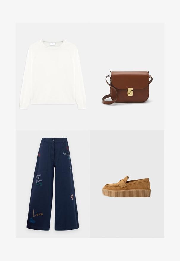 Suéter ligero de color crema con cuello redondo, mangas largas y dobladillo acanalado. Fabricado con una tela suave de textura lisa.; Pantalones de pierna ancha en color azul marino, confeccionados en algodón y con múltiples bolsillos. Presentan un colorido bordado de texto y gráficos, incluyendo corazones y frases divertidas.; Mocasín de ante marrón con punta redonda, presentado con una suela de plataforma estriada y una cinta decorativa en la parte superior.; Bolso de mano de cuero marrón con cierre de solapa, herrajes en tono dorado, correa para el hombro y una textura suave. Forma rectangular compacta.