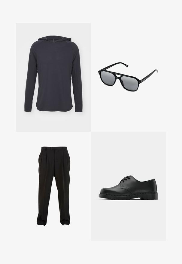 Dlouhý rukáv s kapucí v tmavošedé barvě, vyrobený z lehkého materiálu s hladkou texturou a jemným vodorovným žebrováním.; Černé kalhoty z hladké tkaniny, se zapínáním na tlačítko v pase, předními sklady a zúženými manžetami u kotníků. Klasický elegantní střih.; Černé kožené oxfordy s šněrováním, zakulacenou špičkou, plochou gumovou podrážkou a jemným prošíváním podél svršku.; Černé sluneční brýle s obdélníkovými rámy, šedými tónovanými skly a designem s výřezem ve střední části. Hladký, lesklý plastový materiál, s úzkými stranami.