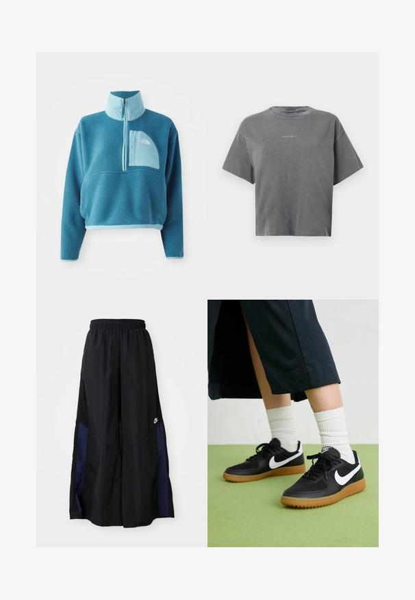 Zils fliša krekls ar daļēju rāvējslēdzēju, augstu apkakli un priekšējo kabatu. Akcentēts ar gaišāku zilu maliņu un auduma tekstūru.; Pelēks īsām piedurknēm, īsais T-krekls ar apaļu kakla izgriezumu un nelielu centrētu baltu "carhartt" logotipu priekšā.; Melni plata kāju bikses no viegla auduma, ar tumši zilu sānu paneli un elastīgu jostu. Mazs balts logotips apakšā.; Melna āda un sintētiska materiāla sporta apavi ar baltu Nike logo, gumijas zole, apaļa purngala forma un melni šņores. Redzamas ribotas baltas zeķes.