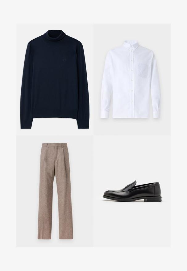 Dsquared2 TURTLE NECK - Pulóver - navy blue; Fehér, hosszú ujjú, gombos ing pamutból, mellzsebbel, tónusos hímzéssel, gallérral és gombos mandzsettával.; Barna, magas derekú nadrág texturált anyagból. Széles szárai és két elülső redője biztosítja a struktúrát. Ízléses kivitel, látható fémszerelés nélkül.; Fekete bőr loaferek sima textúrával, kerek orral és dekoratív pánttal a vampnál. Alacsony, rétegelt sarkú, minimalista dizájn.