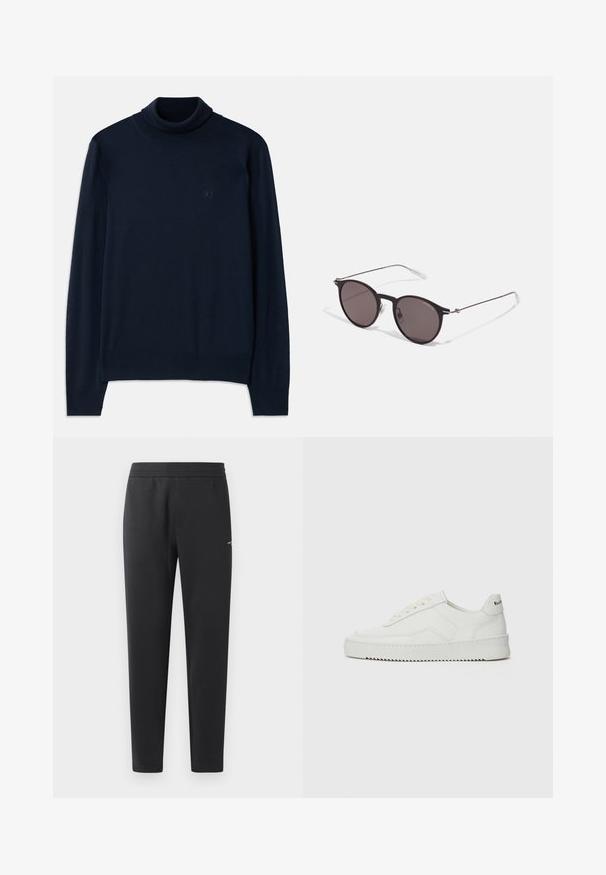 Dsquared2 TURTLE NECK - Džemperis - navy blue; Juodos sportinės kelnės, pagamintos iš minkštos medžiagos, su elastinga juosmeniu, tiesiomis kojomis ir nedideliu logotipo akcentu šone.; Balti odiniai sportiniai bateliai su lygia apdaila, apvaliu pirštu, plokščiais raišteliais ir tekstūruotu padu. Pasižymi subtiliu logotipu ant kulno.; Juodos apvalios saulės akinių su tamsiais lęšiais ir plonomis metalinėmis šakomis. Įtraukti skaidrūs šventyklų galai ir sidabriniai akcentai vyrio srityje. Minimalistinis dizainas.