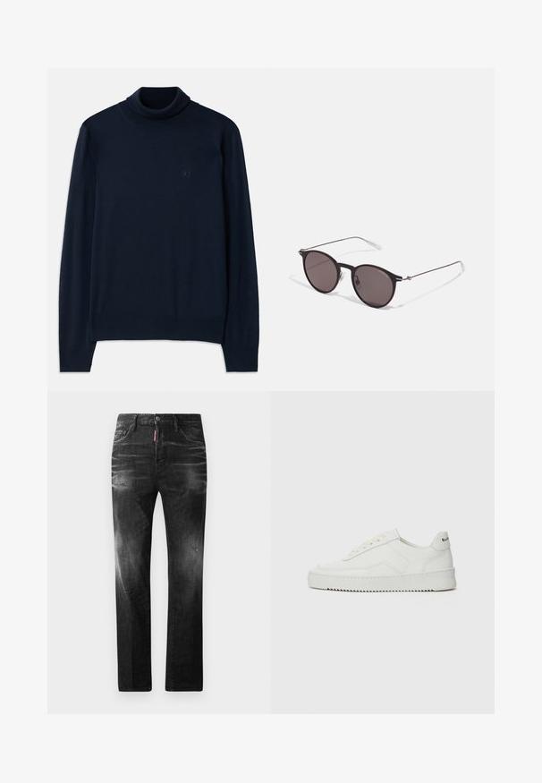 Dsquared2 TURTLE NECK - Trui - navy blue; Zwarte denim jeans met een rechte pasvorm. Beschikt over vervaagde gebieden, lichte slijtage, klassiek vijf-pocket ontwerp en een knoopsluiting.; Witte leren sneaker met een gladde afwerking, ronde neus, platte veters en een gestructureerde zool. Kenmerkt zich door een subtiel logo op de hiel.; Zwarte ronde zonnebril met donkere lenzen en slanke metalen armen. Inclusief heldere tempelpunten en zilveren accenten bij de scharnier. Minimalistisch ontwerp.