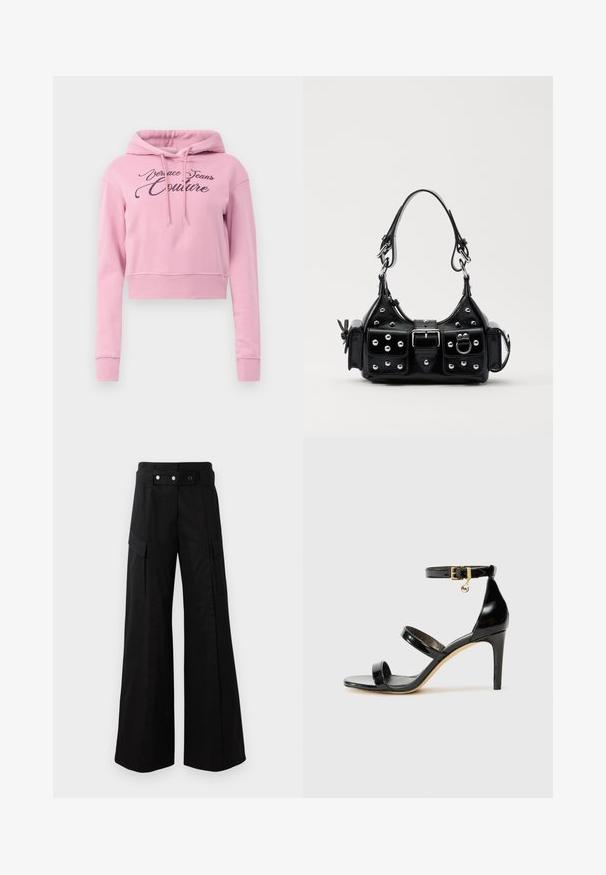 Hoodie corto rosa con cappuccio regolabile e la scritta "Versace Jeans Couture" in glitter nero sulla parte frontale. Tessuto morbido, orlo a costine.; Pantaloni neri a gamba larga con vita alta, dotati di ampie tasche laterali, due bottoni frontali e un dettaglio a anello. Realizzati in un tessuto resistente.; Sandalo in pelle verniciata nera con tre cinturini, fibbia alla caviglia e tacco a stiletto di 10 cm. Presenta dettagli in hardware dorato e un charm con logo.; Borsa a mano in pelle nera con design curvo, caratterizzata da borchie argentate, una fibbia e due tasche laterali. Tracolla regolabile per diverse opzioni di trasporto.