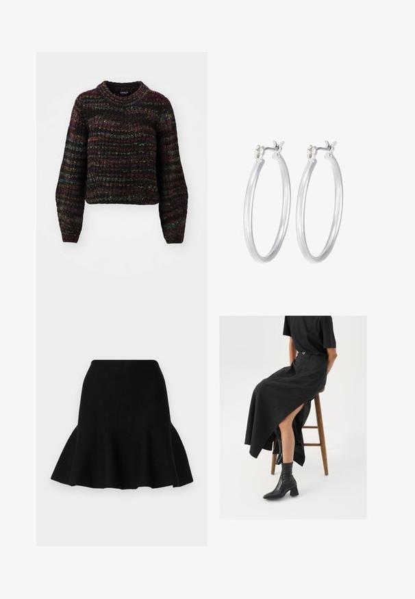 ONLY ONLCARMA czarny; Czarna spódnica w kształcie dzwonu wykonana z miękkiego materiału. Posiada dopasowaną talię i falistą linię dołu, tworzącą warstwowy efekt.; Czarna lniana spódnica maxi z wysokim rozcięciem, noszona z czarnym t-shirtem i czarnymi botkami sięgającymi kostek. Minimalistyczny design z luźnym krojem.; Srebrne kolczyki w formie kółek o gładkim, polerowanym wykończeniu. O okrągłym kształcie i pewnym zapięciu na klik. Lekka konstrukcja odpowiednia do codziennego noszenia.