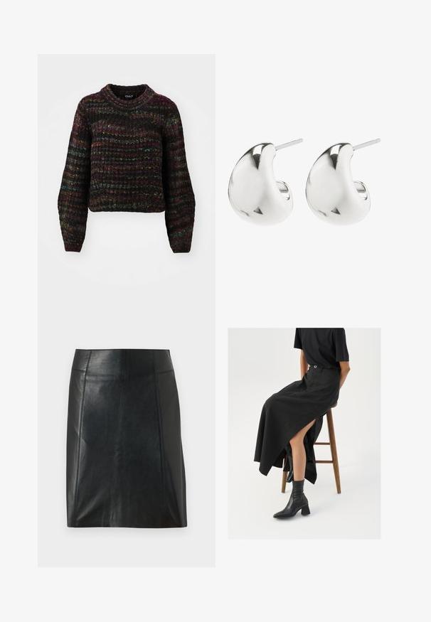 ONLY ONLCARMA PULLOVER - Jumper - black/multi spacedye; Black leather skirt with a fitted design. Smooth texture, seams outlining shape, and a straight hem. Minimalistic and sleek appearance.; Black linen maxi skirt with a high slit, worn with a black t-shirt and black ankle boots. Minimalistic design with a relaxed fit.; Silver stud earrings with a smooth, curved design. They feature a polished finish and a post backing for secure wear.
