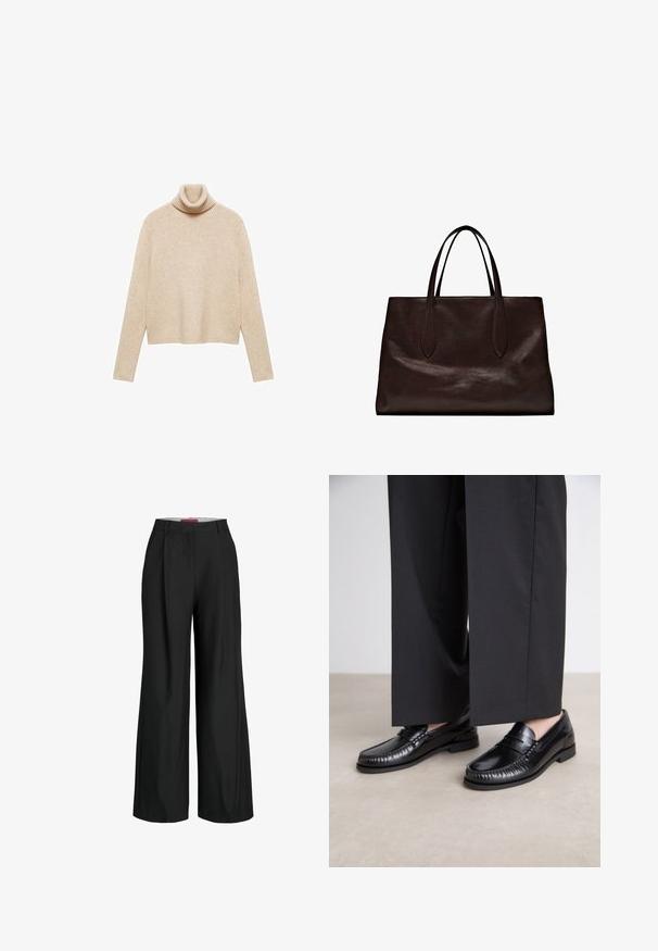 Maglione a collo alto beige realizzato in morbido materiale a maglia. Presenta un colletto a costine, maniche lunghe e un orlo corto per un fit rilassato.; Pantaloni neri a gamba larga con design sartoriale, caratterizzati da pince e una texture del tessuto liscia. Linee pulite e nessun hardware o accento visibile.; Mocassini in pelle nera con una finitura liscia, dettagli cuciti attorno alla punta e suola in gomma bassa. Abbinati a pantaloni neri larghi.; Massimo Dutti Borsa a mano - brown