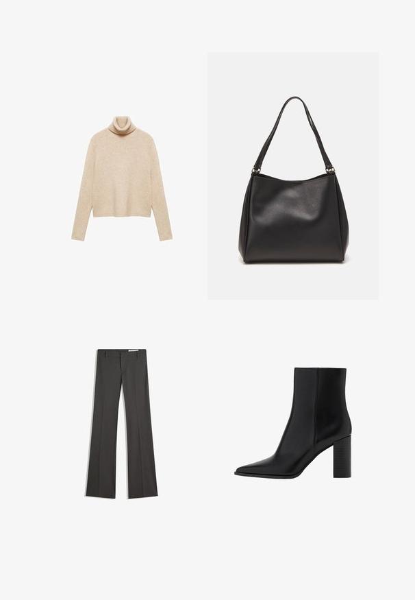 Bež pulover s turtleneck ovratnikom, izdelan iz mehkega pletenega materiala. Ima ribano ovratnico, dolge rokave in skrajšan spodnji rob za sproščen sijaj.; Sive flared hlače iz gladkega materiala, z ravnim sprednjim delom, zankami za pas in krojem z čistimi linijami.; Črne usnjene gležnjarje z ostrim nosom, kvadratno peto, gladko teksturo in šivi ob šivih. Pete merijo približno 3,5 palca.; Črna sintetična usnjena torbica z mehko teksturo, hobo oblika in dvojni naramnici; ima sijajni zaključek in minimalističen dizajn.