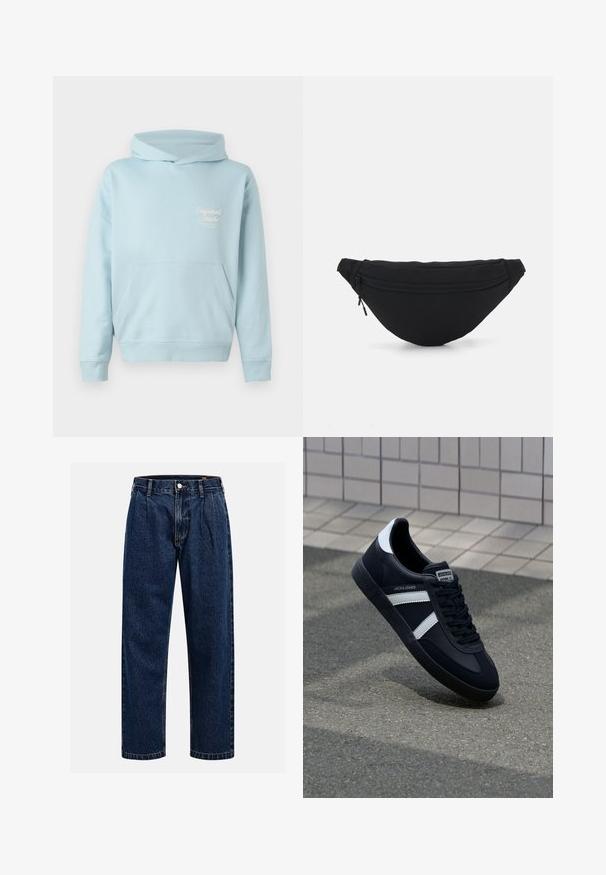 Lichtblauwe hoodie met een voorzak, ribbelmanchetten en een geborduurd logo op de borst. Zacht materiaal en een relaxte pasvorm.; Donkerblauwe denim jeans met een rechtlopende pasvorm. Beschikt over zichtbare stiksels, een knoopsluiting en voorste plooien voor extra detail.; Zwarte leren sneaker met witte strepen, een gestructureerde rubberen zool en vetersluiting aan de voorkant. Voorzien van een merklabel op de tong.; Zwarte stof heuptas met een afgeronde vorm, voorzak met rits en een gladde textuur. Geen zichtbare patronen of accenten. Lichtgewicht ontwerp.