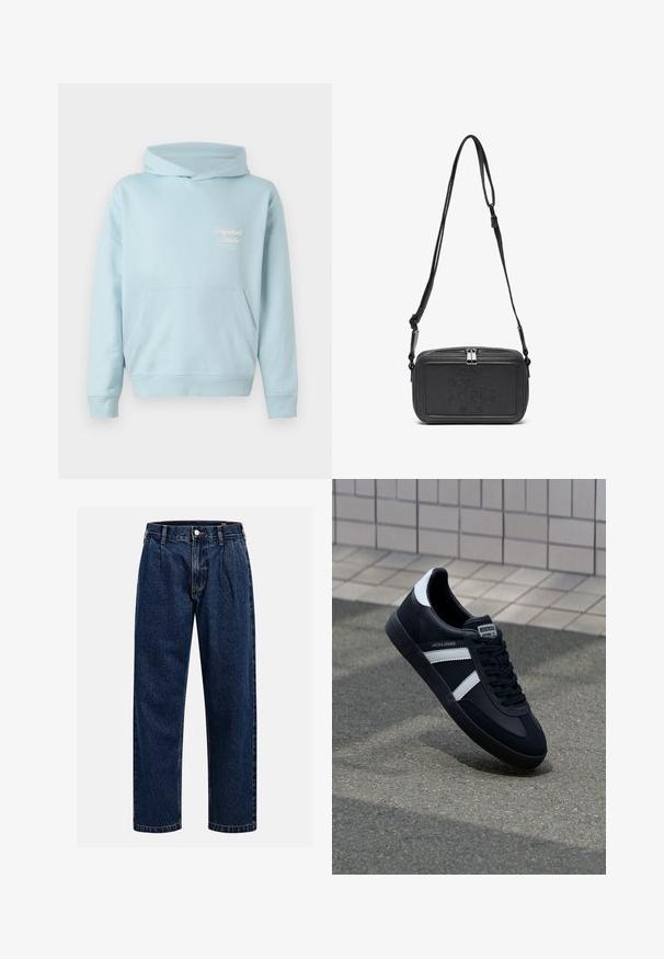 Hoodie bleu clair avec une poche frontale, des poignets côtelés et un logo brodé sur la poitrine. Tissu doux et design décontracté.; Jean en denim bleu foncé avec une coupe droite. Présente des coutures visibles, une fermeture par bouton et des plis à l'avant pour un détail supplémentaire.; Sneaker en cuir noir avec des rayures blanches, semelle en caoutchouc texturée et devant à lacets. Présente une étiquette de marque sur la languette.; Sac bandoulière en cuir noir avec une fermeture éclair, logo embossé à l'avant et une sangle réglable. Texture lisse avec une forme rectangulaire.