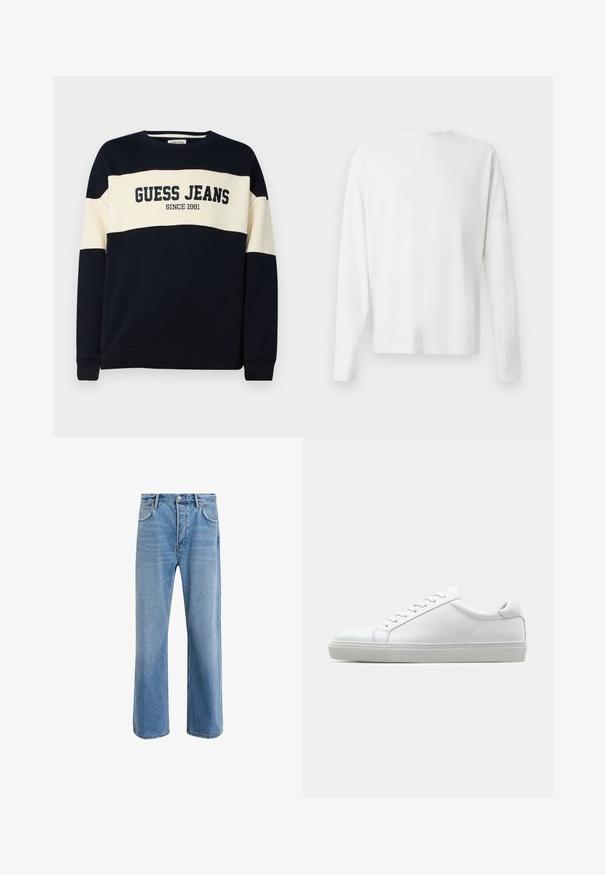 Námořnický svetr s béžovým horizontálním pruhom, obsahuje text "GUESS JEANS" a detail "SINCE 1981". Vyrobeno z měkké bavlny.; Bílá bavlněná košile s dlouhým rukávem a kulatým výstřihem, s bočními rozparky na spodní části a hladkým povrchem, vystavená zezadu.; Světle modré džínové kalhoty s rovnými nohavicemi, pěti kapsami, zapínáním na knoflík, minimálním vyblednutím a kontrastním prošitím.; Bílé tenisky s hladkým koženým svrškem a nízkým profilem. Mají zaoblenou špičku, šest nýtů a texturovanou gumovou podrážku.
