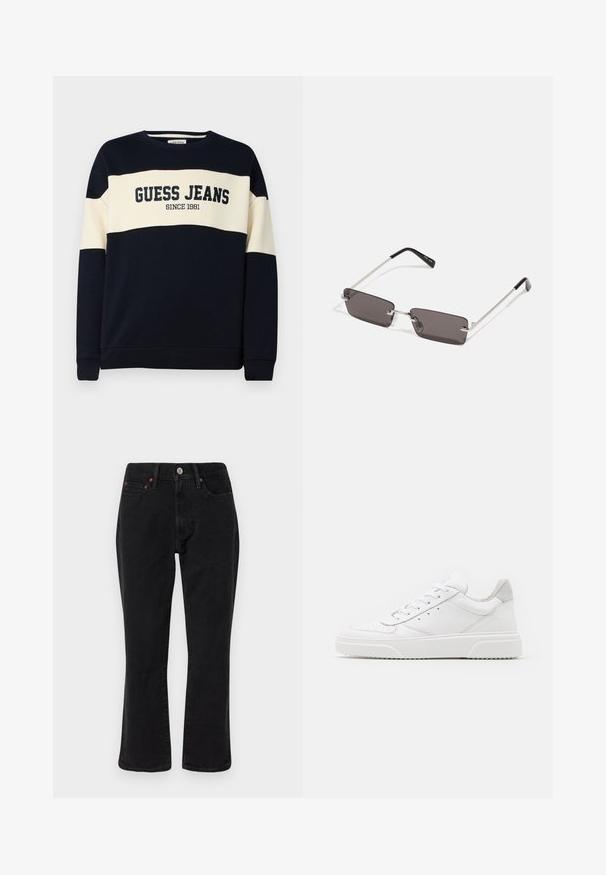 Tamsiai mėlynas džemperis su béžiniu horizontaliu dryžiu, turintis "GUESS JEANS" užrašą ir "SINCE 1981" detalę. Pagamintas iš minkštos medvilnės medžiagos.; Juodi džinsai išdenimo, tiesaus kirpimo, su penkiomis kišenėmis ir metalinėmis detalėmis su vario akcentais. Glotni tekstūra ir vidutinė liemens linija.; Balti odiniai sportbačiai su lygiu paviršiumi, apvaliu pirštu, plokščiomis raištelėmis ir struktūrizuota padu. Pilko zimšo akcentas ant kulno.; Akiniai nuo saulės su stačiakampiais, tamsiai pilkais lęšiais, sidabriniais metaliniais rėmeliais ir juodais plastikiniais galiukais. Lengvas dizainas su nosies pagalvėlėmis.