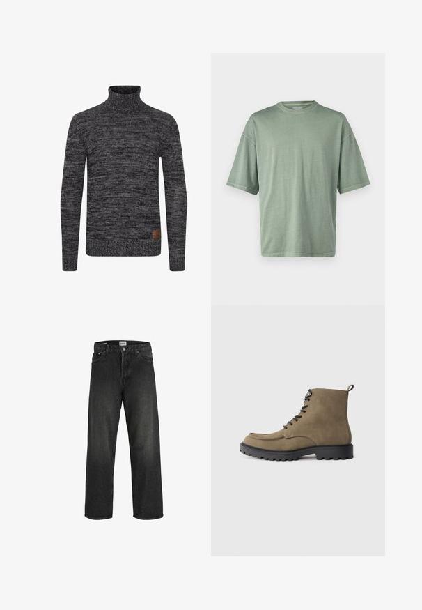 Gebreide coltrui in donkergrijs met een textuurpatroon. Beschikt over een aansluitend ontwerp en een geweven label op de onderste voorkant.; Lichtgroene t-shirt met korte mouwen, een ronde halslijn en een ontspannen pasvorm; gemaakt van zacht materiaal met een gladde textuur.; Donkergrijze denim jeans met een losse pasvorm, rechte pijpen, vijf zakken en een knoopsluiting in de taille. Zichtbare stiksels accentueren het geheel.; Tan suède laars met een zwarte rubberen zool, ronde neus, vetersluiting aan de voorkant en contrasterende stiksels. Heeft een lus bij de hak voor gemakkelijk aan- en uittrekken.