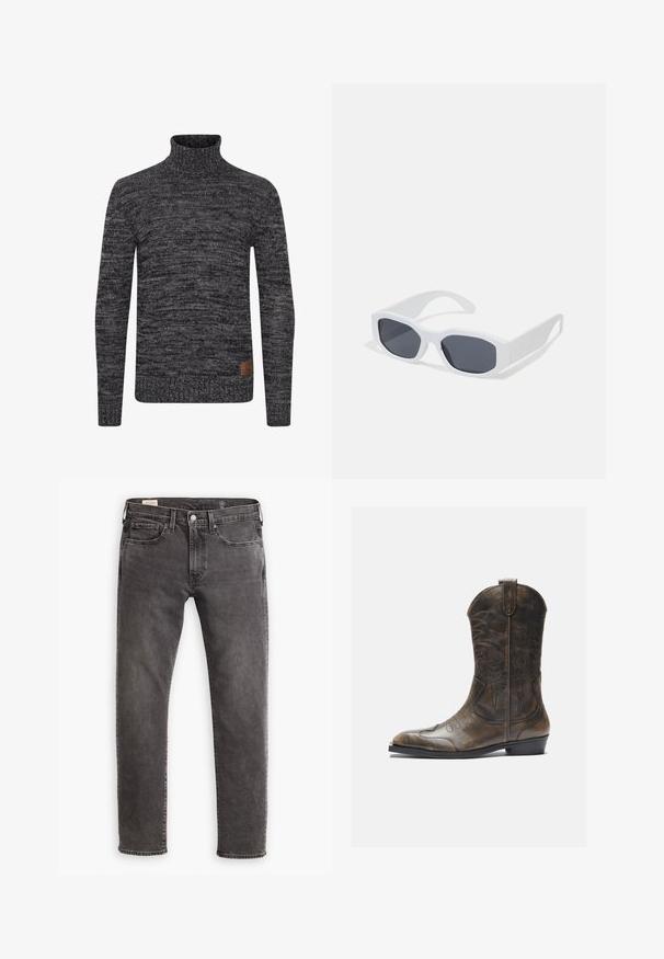 Sweter z golfem w ciemnoszarym kolorze, wykonany z dzianiny o teksturowanym wzorze. Posiada dopasowany krój oraz naszywkę na dolnej części przodu.; Szare dżinsy z prostym krojem, pięcioma kieszeniami i zapięciem na guzik. Posiadają delikatne przetarcia oraz tonalne przeszycia.; Brązowy skórzany kowbojski but z wysoką cholewką, spiczastym noskiem, skomplikowanymi wzorami haftu i małym obcasem. Teksturalne wykończenie na całej powierzchni.; Białe prostokątne okulary przeciwsłoneczne z ciemnymi soczewkami, gładkim matowym wykończeniem oraz grubymi ramionami o kanciastym kształcie.