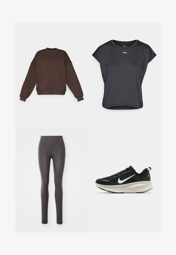 Καφέ φούτερ με στρογγυλή λαιμόκοψη, σχέδιο με πτώση στους ώμους, ριμπ μανίκια και στρίφωμα, με διακριτική σήμανση στο μπροστινό μέρος. Μαλακή υφή.; Μαύρη κοντομάνικη μπλούζα από λείο ύφασμα, με στρογγυλή λαιμόκοψη και την λέξη "STRONGER" τυπωμένη σε λευκό στο στήθος.; Γκρίζα κολάν φτιαγμένα από ελαστικό υλικό, με ψηλή μέση, λεία υφή και εφαρμοστή σχεδίαση.; Μαύρο αθλητικό παπούτσι Nike με αναπνεύσιμο μανίκι από ύφασμα, λευκό λογότυπο swoosh, ανάγλυφη λεπτομέρεια και μεσαία σόλα ZoomX σε κρέμα απόχρωση.