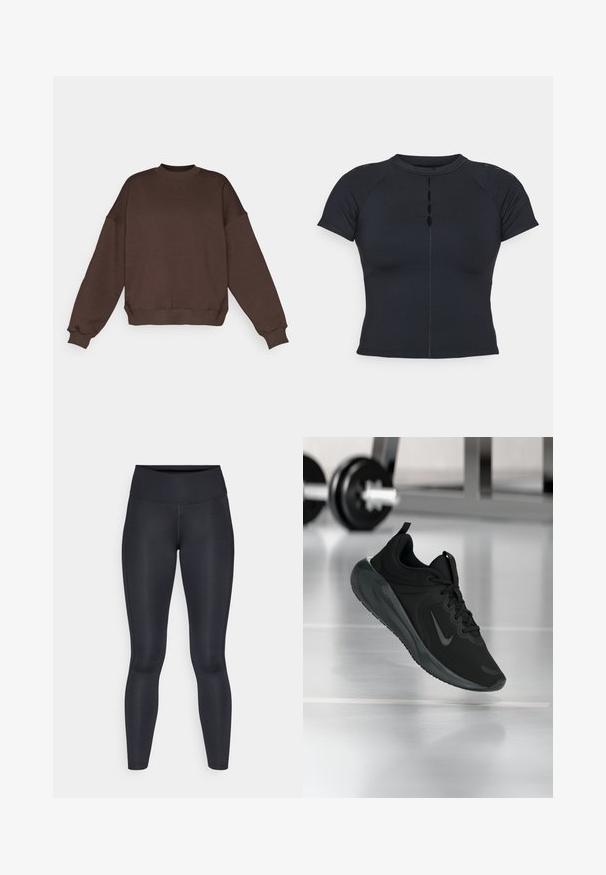 Felpa marrone con colletto a girocollo, design a spalla scesa, polsi e orlo a coste, caratterizzata da un discreto branding sul davanti. Texture morbida.; Top nero a maniche corte con scollo alto, dettaglio con bottoni sul davanti, realizzato in tessuto elasticizzato, con maniche raglan e cuciture piatte.; Leggings neri realizzati in un tessuto liscio e elasticizzato. Vita alta senza motivi o dettagli visibili. Vestono aderenti dalla vita alle caviglie.; Sneaker sportivo nero con logo Nike, mostrato in volo su un pavimento da palestra, con un supporto per pesi sfocato sullo sfondo.
