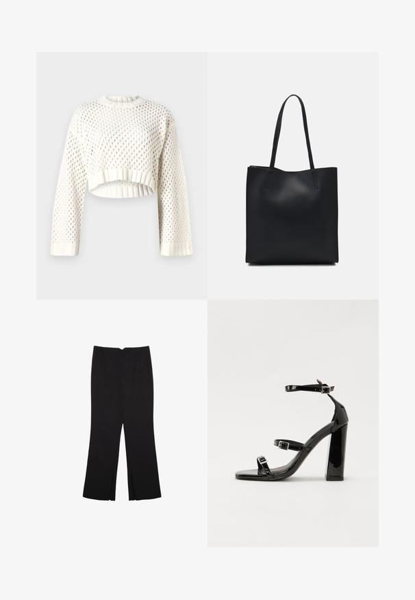 White knitted cropped sweater with a large mesh pattern, ribbed cuffs, and rounded neckline. Lightweight and textured fabric.; Black trousers with a straight fit, featuring front pockets and side slits at the hem. Made of soft, smooth fabric. Suitable for various occasions.; Black patent heeled sandals with a square toe, ankle straps, and silver buckles. Features a chunky block heel for stability.; Black leather tote bag with smooth texture, rectangular shape, and two long handles. No visible hardware or embellishments.