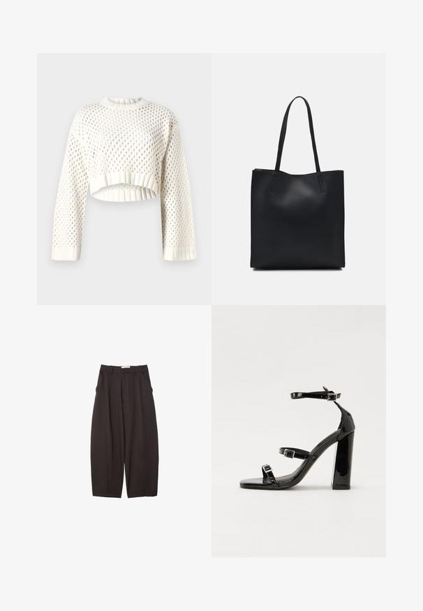 Hvid strikket cropped sweater med et stort mesh mønster, ribbede manchetter og rund halsudskæring. Letvægts og tekstureret stof.; Sorte brede bukser lavet af et glat stof, med høj talje, forfaldne folder og sidelommer. Simpelt design uden udsmykninger.; Sorte patenterede hælsandaler med firkantet tå, ankelremme og sølvspænder. Har en chunky blokHæl for stabilitet.; Sort læder tote taske med glat tekstur, rektangulær form og to lange hanke. Ingen synlig hardware eller udsmykninger.