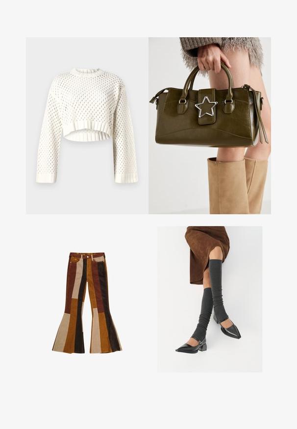 Maglione cropped bianco lavorato a maglia con un grande motivo a rete, polsini a coste e scollo rotondo. Tessuto leggero e dalla consistenza particolare.; Pantaloni a zampa d'elefante in corduroy con righe verticali in marrone, beige e senape. Design distintivo con vita alta e cinque tasche.; Scarpe nere in pelle verniciata con punta affilata, tacco a blocco e cinturino alla caviglia, abbinate a scaldamuscoli grigi a coste e una gonna in suede marrone.; Borsa a mano in similpelle verde oliva con accentatura a stella argentata, manici doppi e chiusura con zip. Superficie testurizzata e forma strutturata.