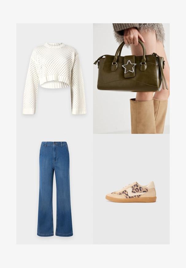 Pull cropped blanc en tricot avec un grand motif en mailles, des poignets côtelés et un col arrondi. Tissu léger et texturé.; Jeans en denim bleu à jambe large avec taille haute, dotés d'une fermeture à bouton, de cinq poches et d'une texture délavée.; Baskets en imprimé léopard avec tige en suède beige, semelle en caoutchouc tan et accents blancs. Bout rond et design à lacets avec une finition texturée.; Sac à main en simili cuir vert olive avec accent étoilé argenté, deux poignées et fermeture éclair. Surface texturée et forme structurée.
